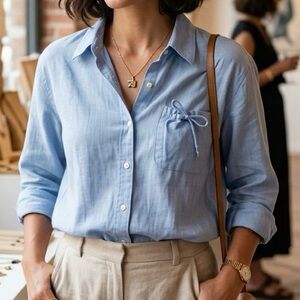 J.Jill Light Blue Button-Up Shirt Pocket Bow Denim Style 100% Cotton Minimalist